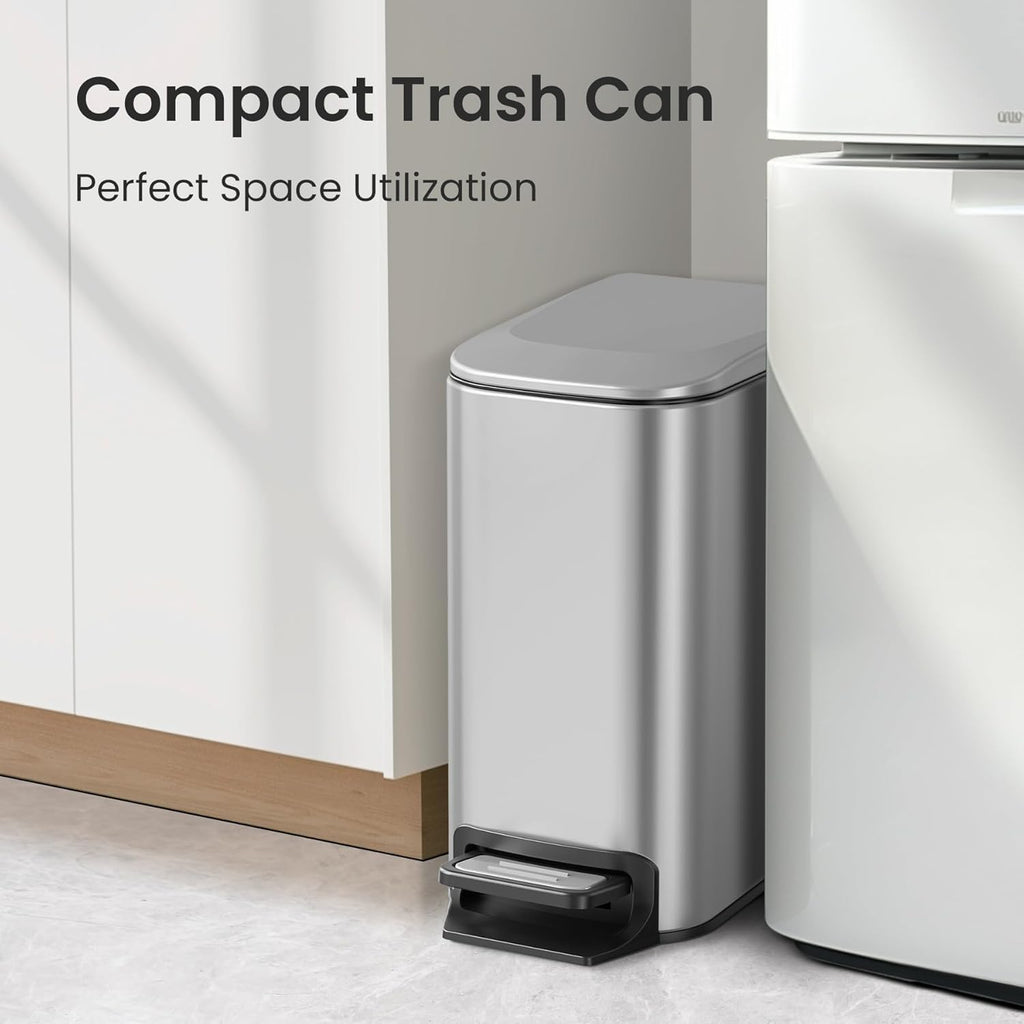 Cesun Small Bathroom Trash Can with Lid Soft Close, Step Pedal, 6 Liter / 1.6 Gallon Stainless Steel Mini Garbage Can for Office, Outdoor Trash Bin with Removable Inner Bucket (Silver)