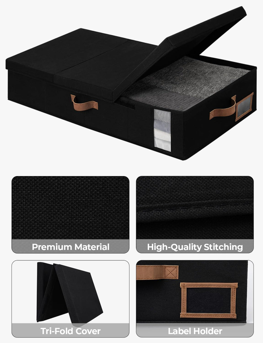 StorageWorks Under Bed Storage with Lid, Underbed Storage Containers with Handles, Underbed Organizer for Bedroom, Foldable Clothing Storage Bins, Box for Blankets, Jumbo, Black, 2-Pack