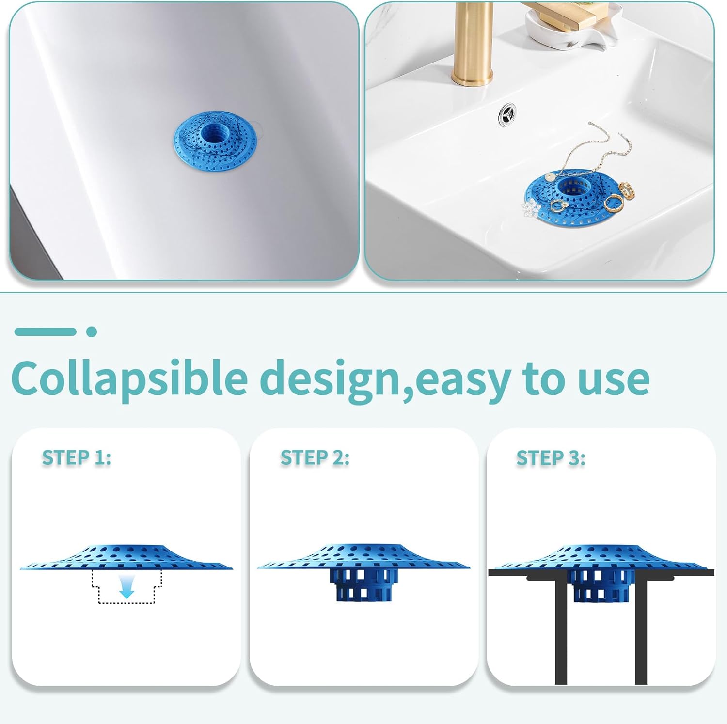 Shower Hair Drain Catcher, Silicone Bathtub Drain Hair Catcher Strainer, All-in-one Tub Hair Catcher Drain Protector for 1.48'' to 1.76'' Regular Drains, 3PCS/Blue