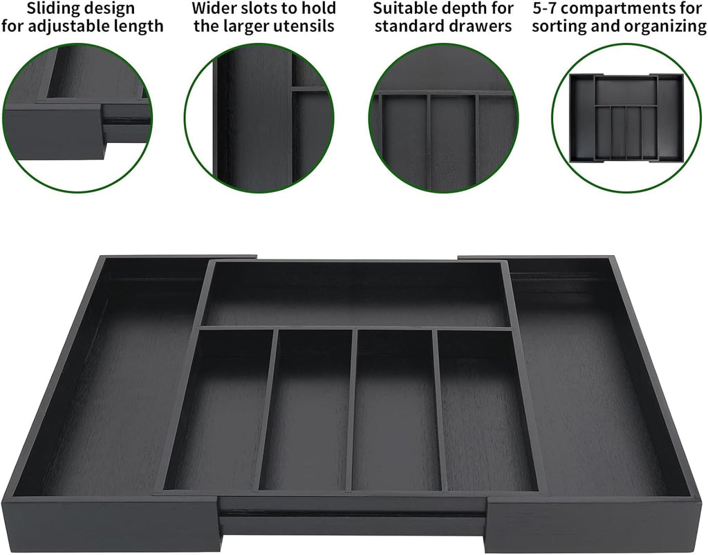 VaeFae Premium Bamboo Drawer Organizer, Expandable Silverware Drawer Organizer, Cutlery Tray with Dividers for Kitchen Utensils (Black, Large)