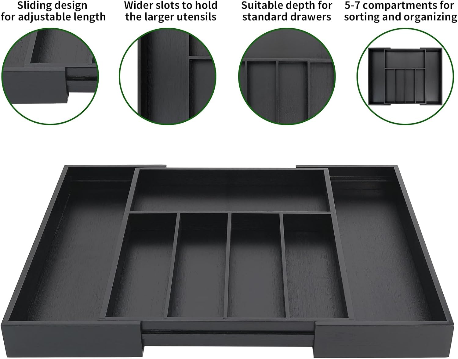 VaeFae Premium Bamboo Drawer Organizer, Expandable Silverware Drawer Organizer, Cutlery Tray with Dividers for Kitchen Utensils (Black, Large)