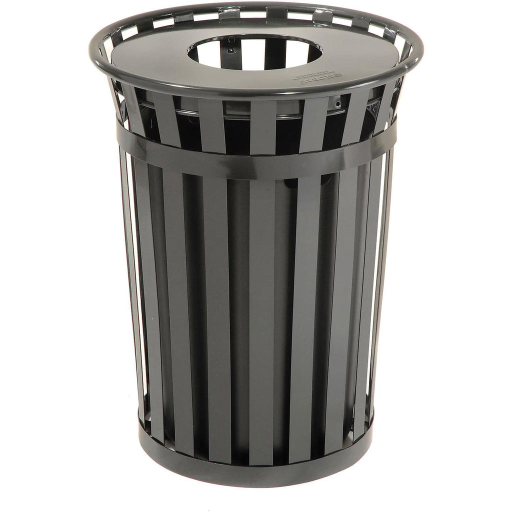 Global Industrial 36 Gallon Outdoor Slatted Steel Round Trash Can with Flat Lid, Plastic Liner & Anchor Kit Included, 28" W x 36" H, Commercial & Industrial Trash Can, Black