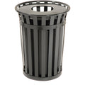Global Industrial 36 Gallon Outdoor Slatted Steel Round Trash Can with Flat Lid, Plastic Liner & Anchor Kit Included, 28" W x 36" H, Commercial & Industrial Trash Can, Black