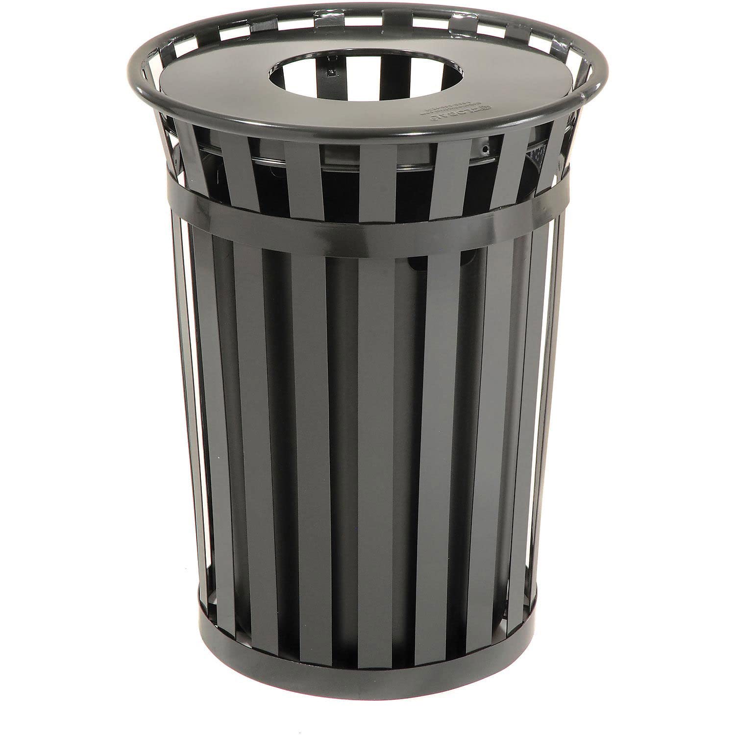 Global Industrial 36 Gallon Outdoor Slatted Steel Round Trash Can with Flat Lid, Plastic Liner & Anchor Kit Included, 28" W x 36" H, Commercial & Industrial Trash Can, Black