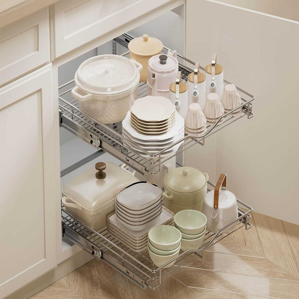 DINDON 2 Tier Pull Out Cabinet Organizer (17" W x 18" D) Heavy-Duty Metal Sliding Drawer Shelf, Two Tier Pull Out Shelves for Kitchen Cabinets, Pantry, Bathroom, Chrome Finish