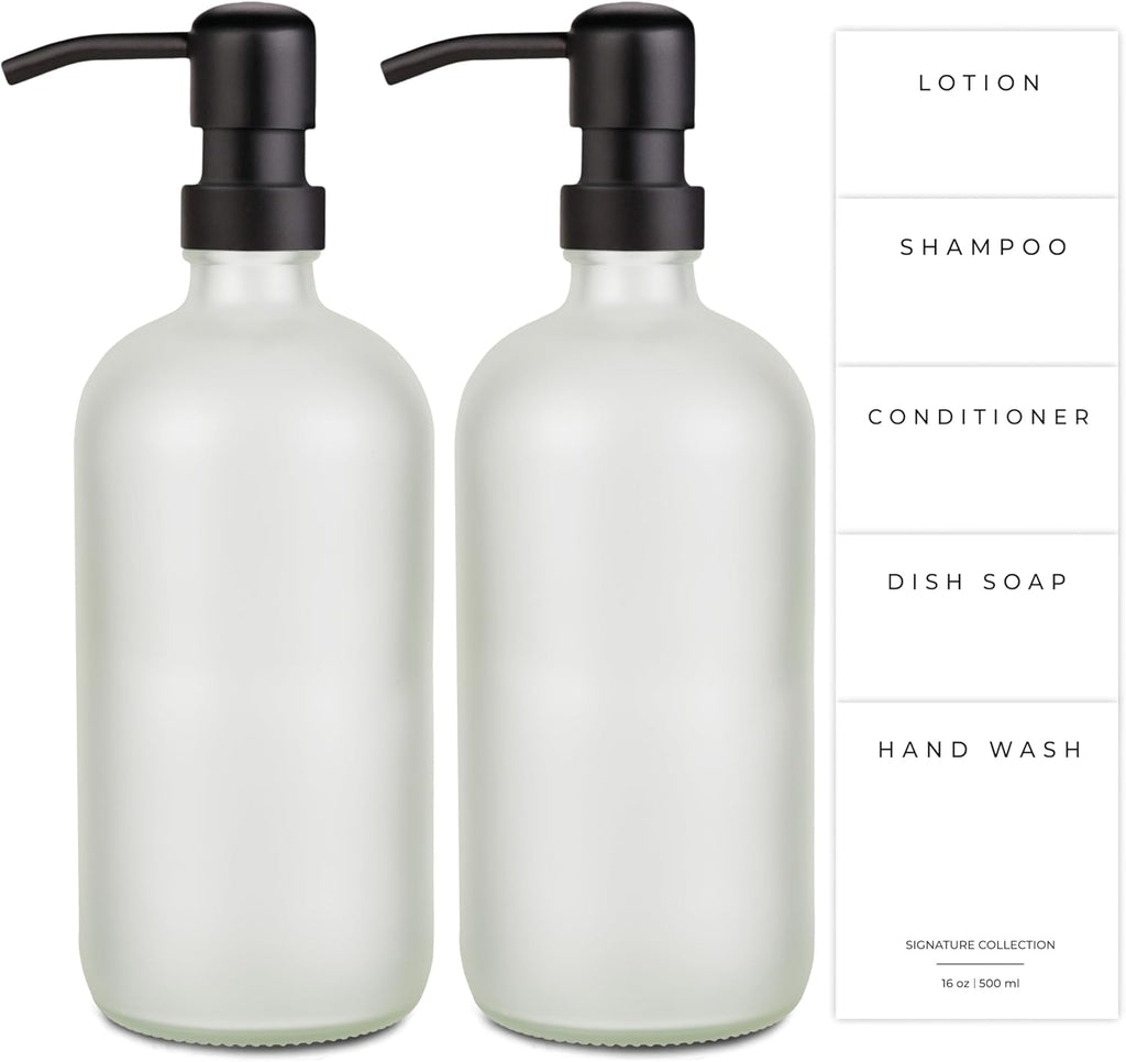 Emerson Essentials Glass Soap Bottle Dispensers, 2 Pack, Stainless-Steel Pumps Rust-Free, Hand Set for Bathroom Kitchen Sink, Liquid Lotion Shampoo Jars with 4 Waterproof Labels, 16 Oz Frost/Black