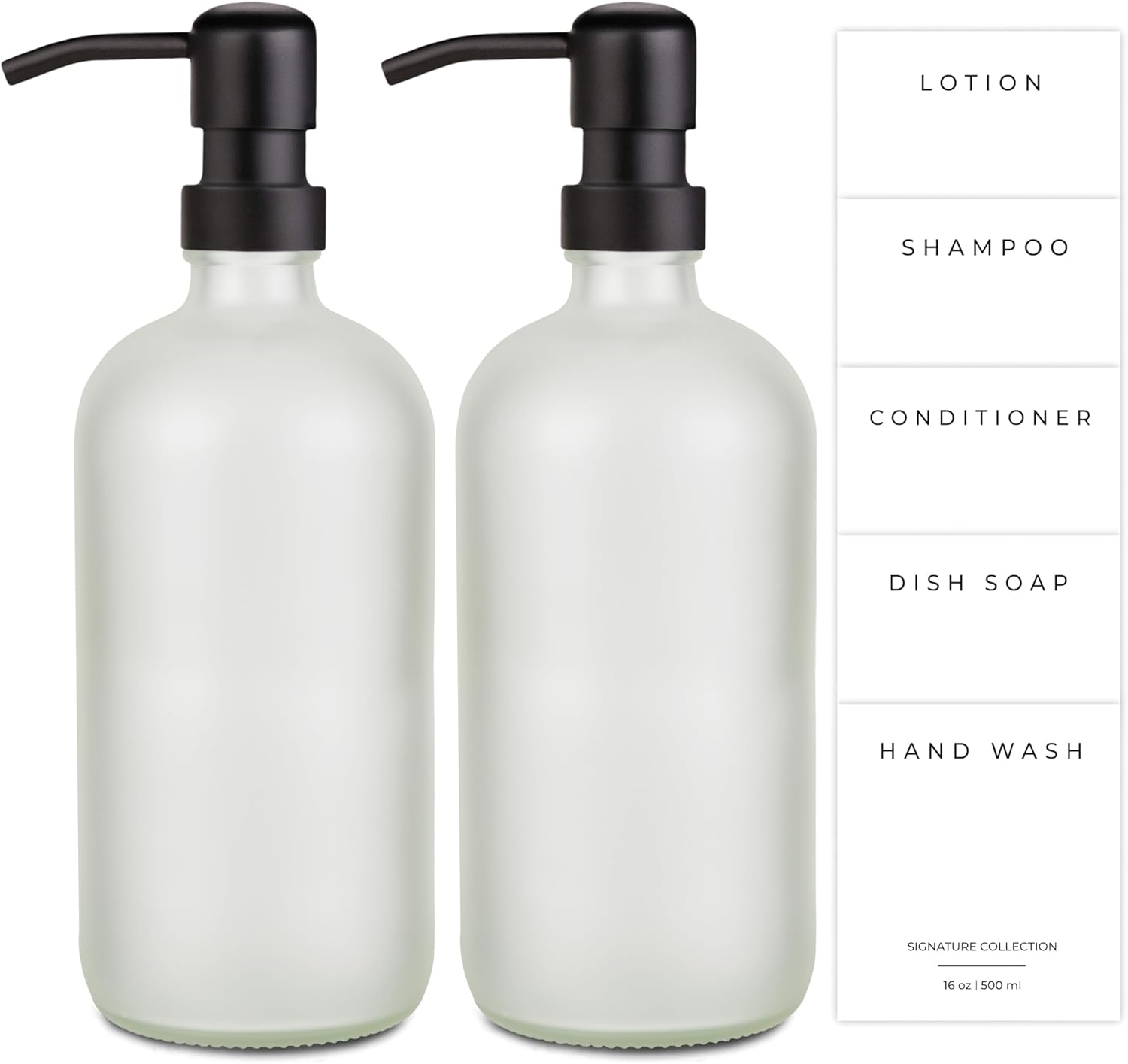 Emerson Essentials Glass Soap Bottle Dispensers, 2 Pack, Stainless-Steel Pumps Rust-Free, Hand Set for Bathroom Kitchen Sink, Liquid Lotion Shampoo Jars with 4 Waterproof Labels, 16 Oz Frost/Black