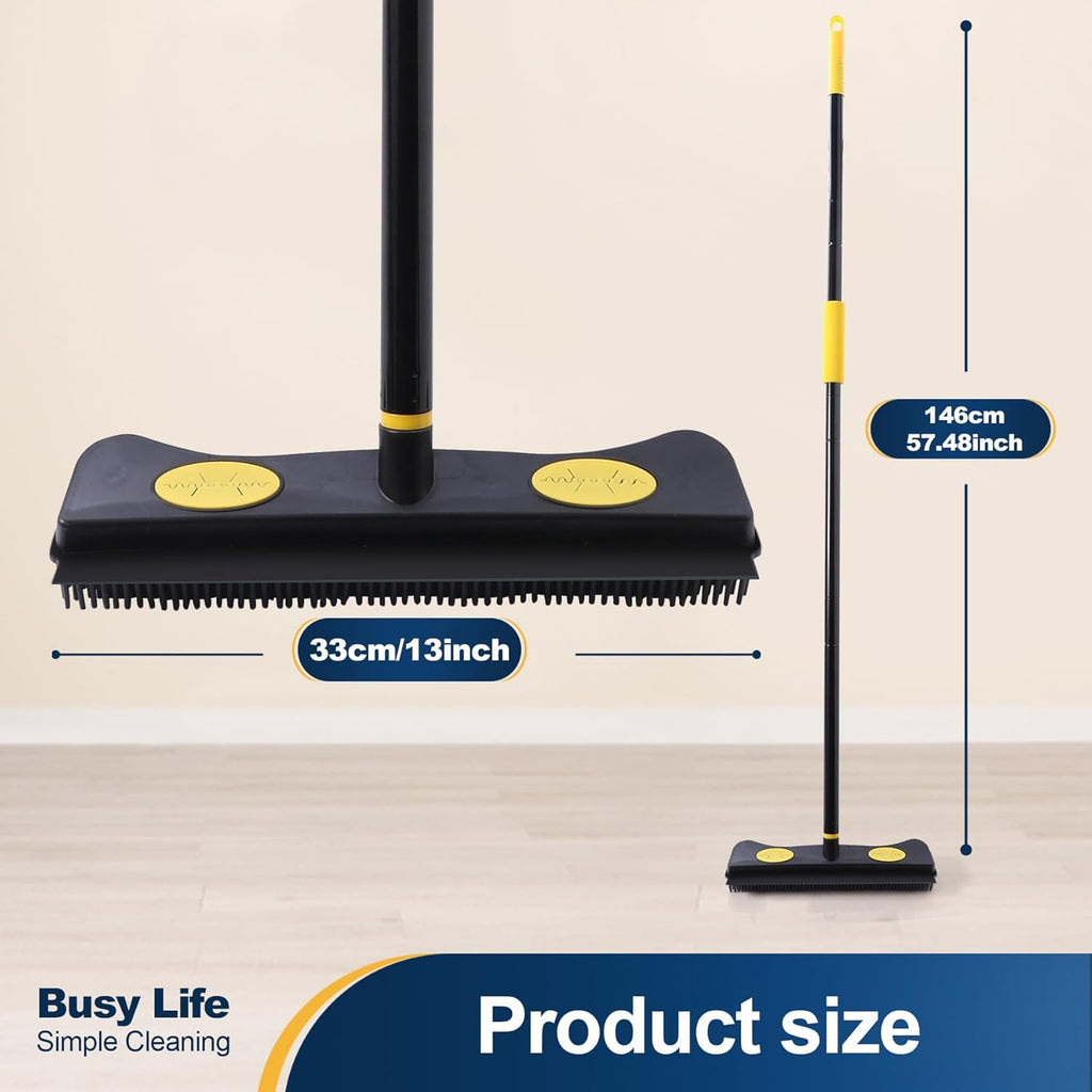 Yocada Pet Hair Removal Rubber Broom 2 in 1 Floor Brush with Squeegee Carpet Rake 57.5" Long Handle Fur Broom for Carpet Hardwood Floor Tile