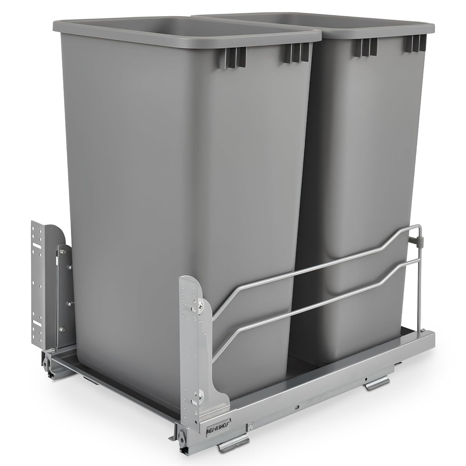 Rev-A-Shelf Double Pullout Trash for Full Height Kitchen Cabinets 50 Quart 12.5 Gallon with Soft-Close Slides, Metallic Silver, 53WC-2150SCDM-217