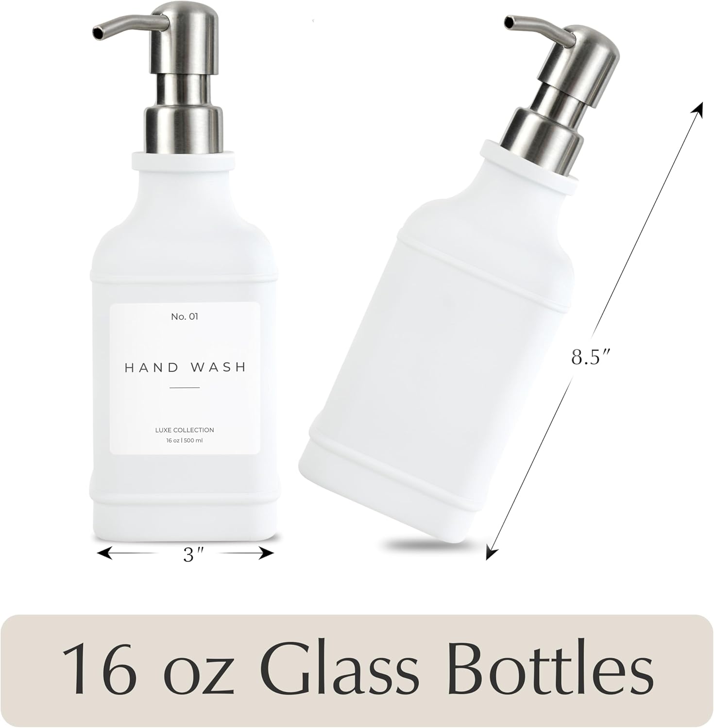 Emerson Essentials Soap Dispenser, Dish Soap Dispenser, Soap Dispenser Bathroom Set, Hand Soap Dispenser, Kitchen Soap Dispenser Set, Glass Soap Dispenser with Pump + Labels | 16 Oz, 2-Pack