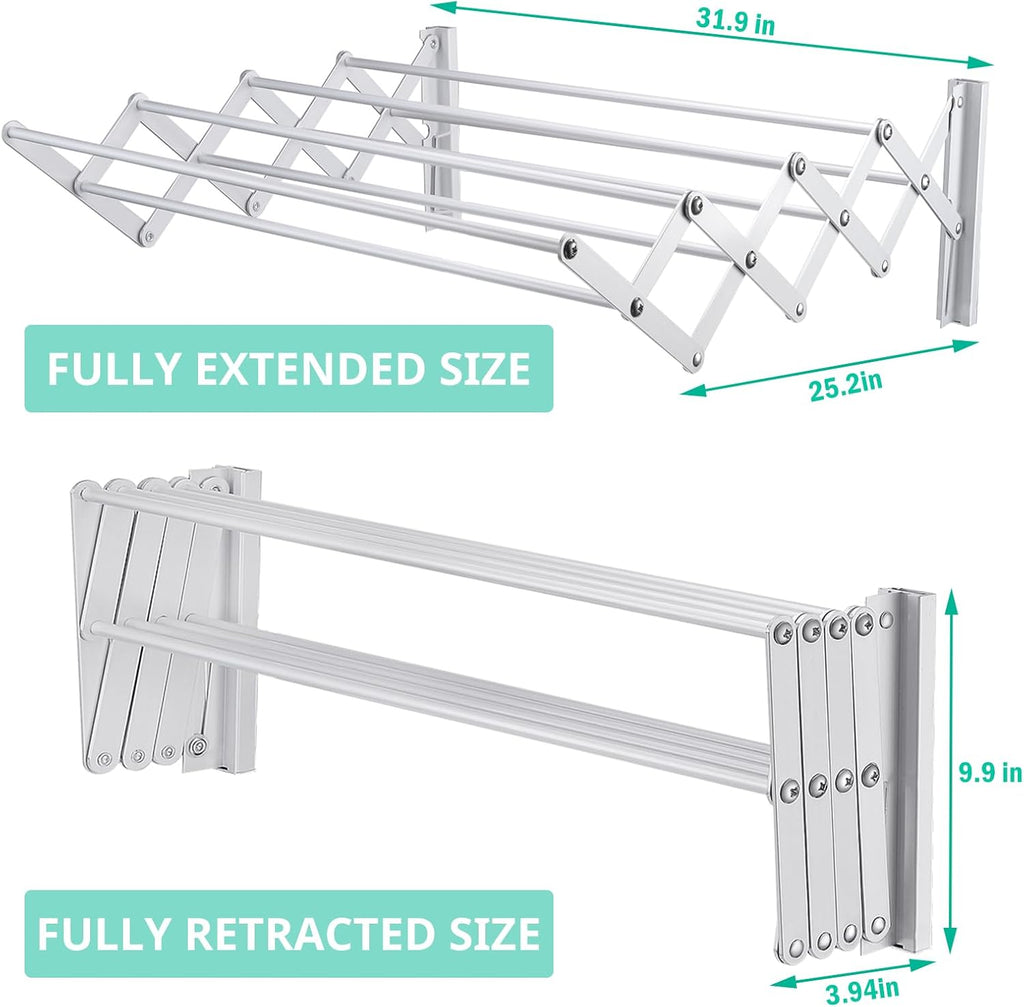 X-cosrack Wall Mounted Clothes Drying Rack, 31.9" Wide Large Rustproof Retractable Laundry Drying Rack, 8 Bar Space-Saving Aluminium Alloys Clothing Hanger Drying Racks forLaundry (Silver)