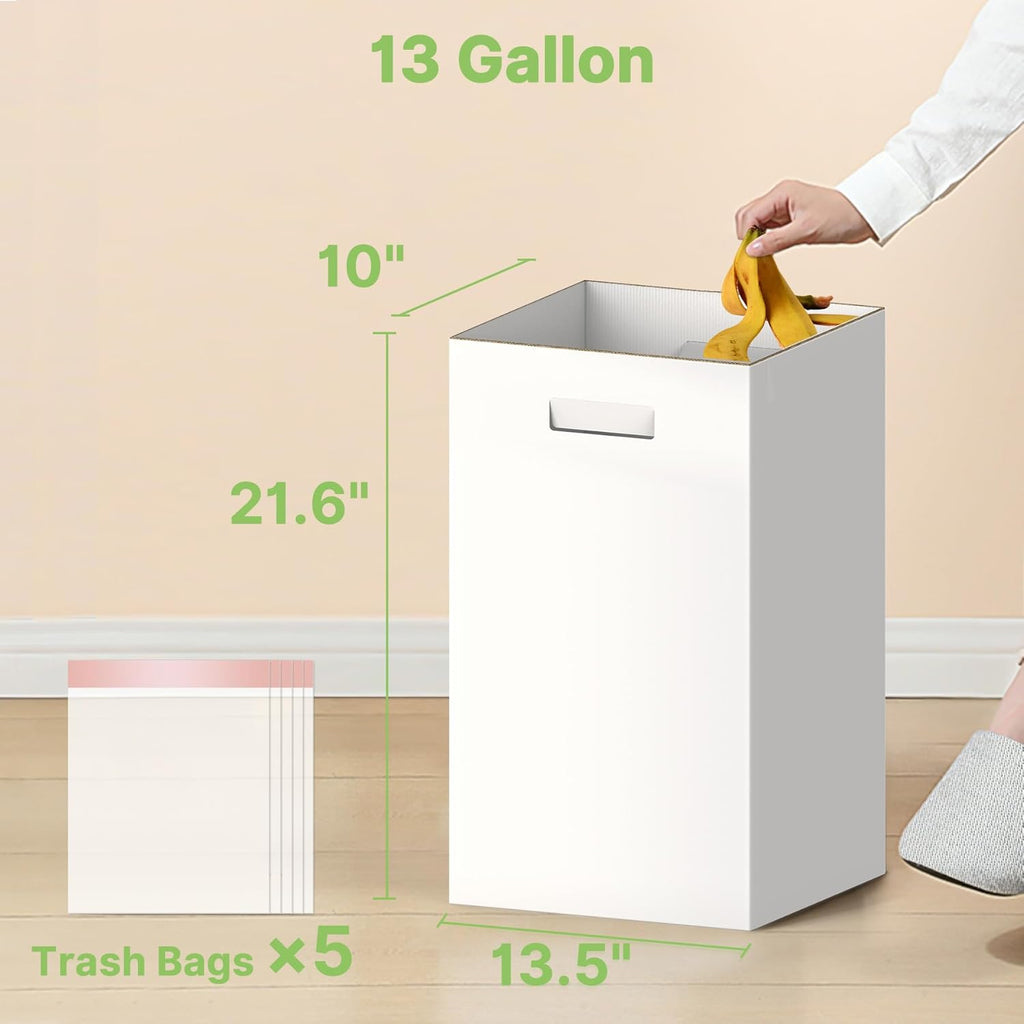 Extra Strong Corrugated Cardboard Portable Garbage Can, 4 Pack Reuseable and Disposeable Extra Large Trash Cans, 13 Gallon (21.6" H x 13.5" W x 10" D), Recycled Garbage Can and Recycling Bins, White