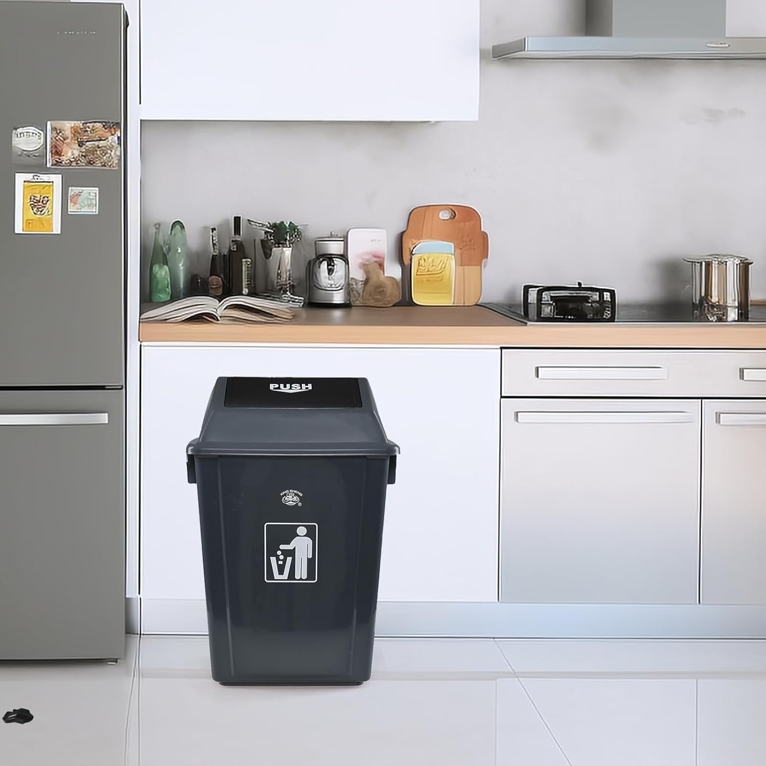 4-Pack 13 Gallon Plastic Trash Cans with Lids, Large Grey Garbage Waste Bin