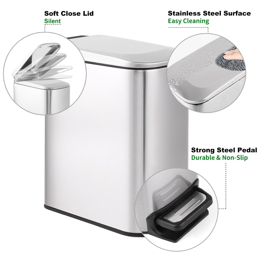 TIPGO Slim Bathroom Trash Can with Lid Soft Close, Step Pedal, 6 Liter / 1.6 Gallon Stainless Steel Trash Bin, Small Garbage Cans for Bedroom, Office, Kitchen (Silver)