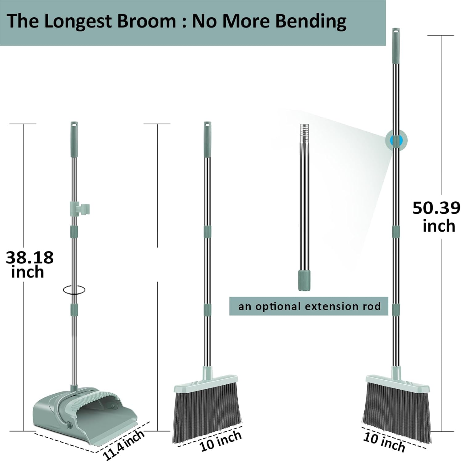 kelamayi Upgrade Broom and Dustpan Set, Large Size and with Long Handle, Upright,Ideal for Indoor Outdoor Garage Kitchen Room Office Lobby Use (Green)