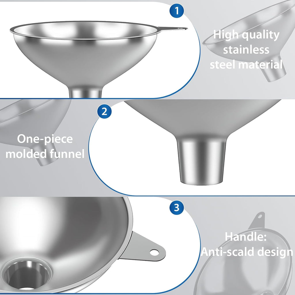 Stainless Steel Funnel with 30 Mesh Filter Food Grade Metal Funnel for Kitchen, Liquids, Oil, Powder, Wide Mouth Bottles, Home Brewing