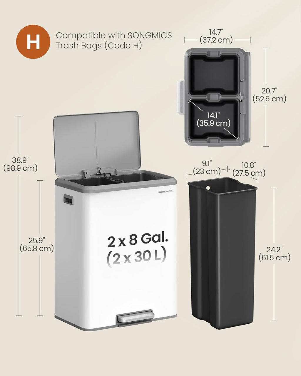SONGMICS Trash Can, 2 x 8 Gallon (2 x 30 L) Double Garabge Can for Recycling and Waste, Stainless Steel, Soft-Close Lid, Inner Buckets, Wide Sturdy Pedal, Cloud White ULTB556W01