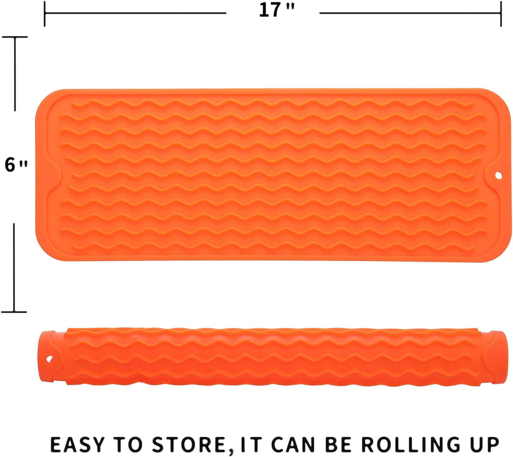 Silicone Dish Drying Mat for Multiple Usage,Easy clean,Eco-friendly,Heat-resistant Silicone Mat for Kitchen Counter,Sink,Bar,Bottle,or Cup Orange M 17 inches x 6 inches