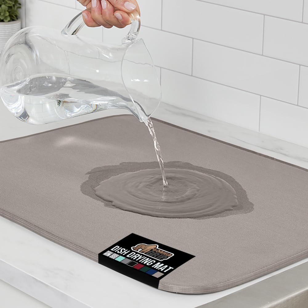 GORILLA GRIP Ultra Water Absorbent Microfiber Dish Drying Mat, 18x32, Quick Dry Thick Mesh, Slip Resistant Pad for Sink Dishes or Under Rack, Kitchen Counter Accessories, Machine Wash Mats, Almond