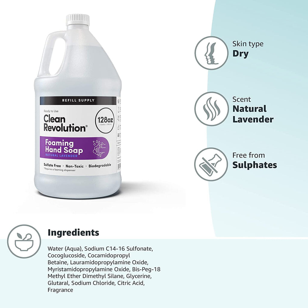 Clean Revolution Foaming Hand Soap Refill Supply Container. Ready to Use Formula. Natural Lavender Fragrance, 128 Fl. Oz
