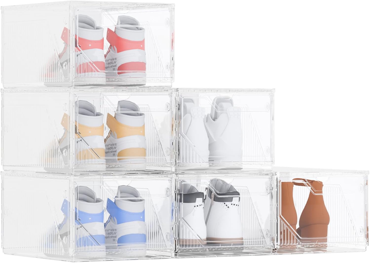 6 Pack Upgraded XX-Large Storage Organizer with Magnetic Door, New structure is more stable, Thicken & Sturdy Clear Stackable Interconnectable Shoe Box for Entryway, Closet, Under Bed