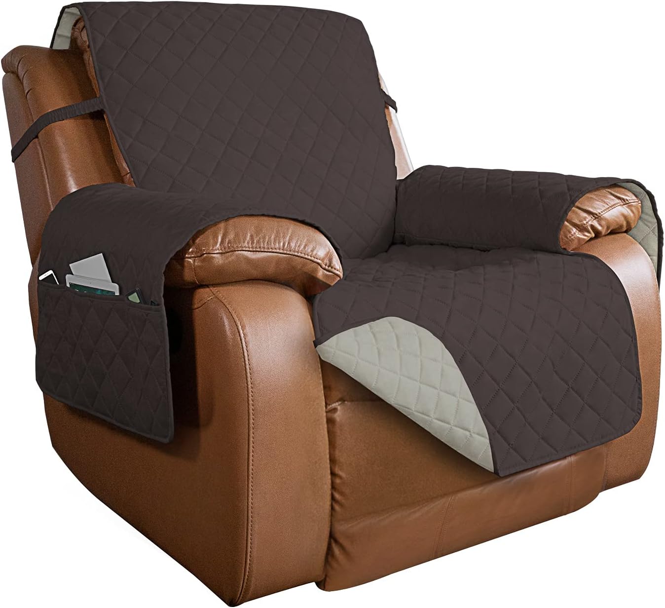 PureFit Reversible Quilted Oversized Recliner Sofa Cover, Water Resistant Furniture Protector, Washable Couch Cover with Elastic Straps for Kids, Dogs, Pets (Large, Chocolate/Beige)