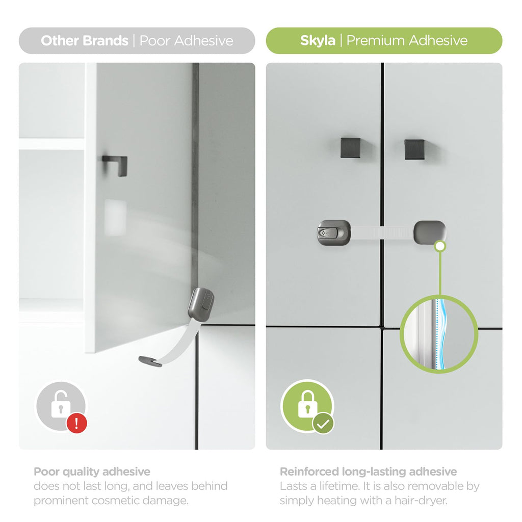 Baby Proofing Child Safety Locks (2 Pack) by Skyla Homes - The Safest, Quickest and Easiest 3M Adhesive Cabinet Latches, No Screws & Magnets, Multi-Purpose for Furniture, Kitchen, Ovens, Toilet Seats