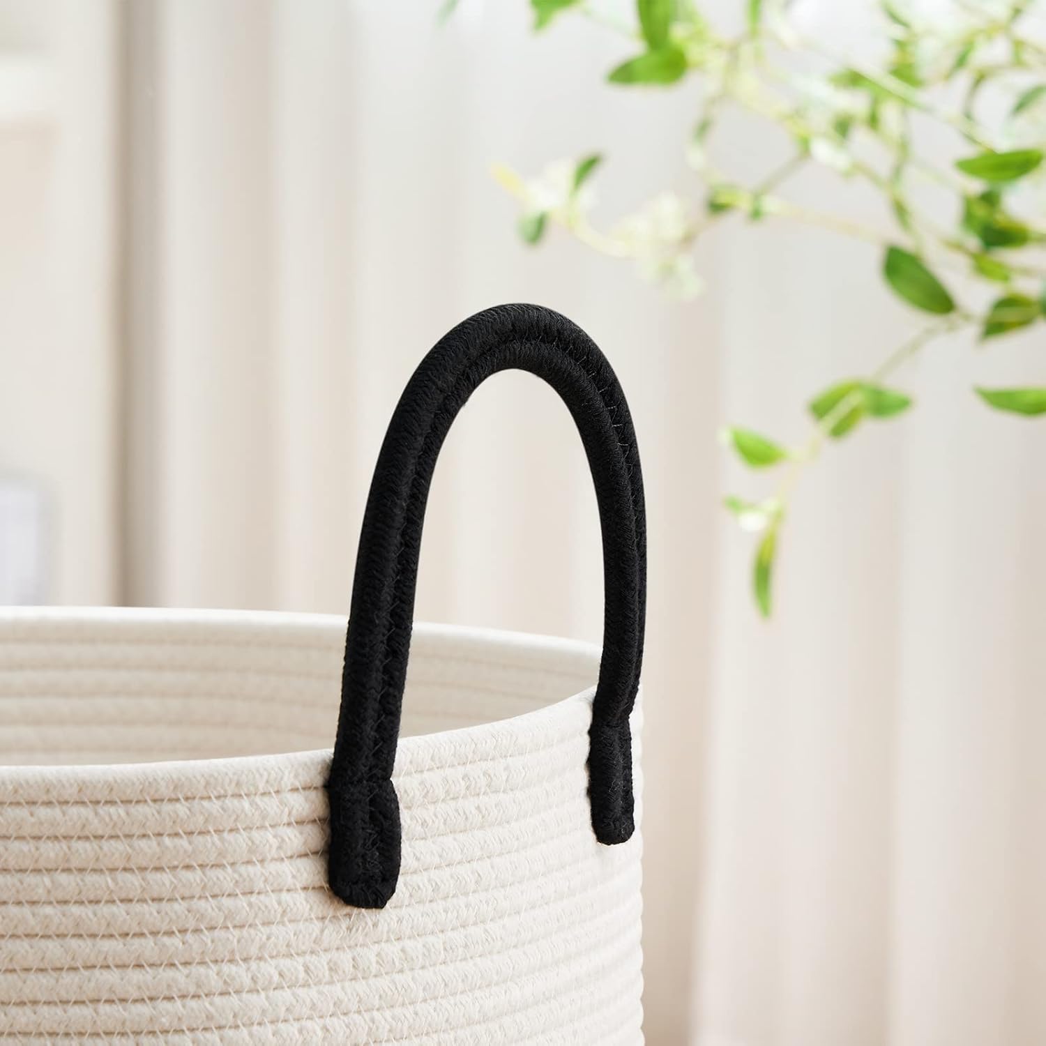 VIPOSCO Large Laundry Hamper, Tall Woven Rope Storage Basket for Blanket, Toys, Dirty Clothes in Living Room, Bathroom, Bedroom - 58L White & Black