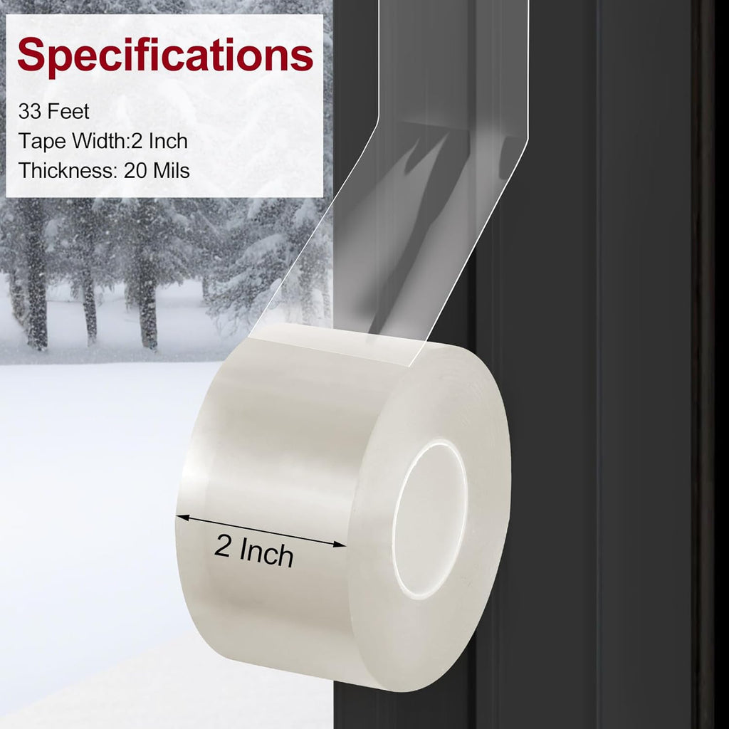Transparent Window Weather Sealing Tape - 2-Inch x 33 Feet, Airtight Insulation Tape That Blocks Drafts, No Residue Removable Adhesive