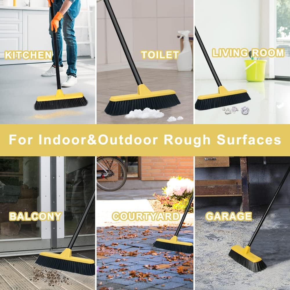 Push Broom with Long Handle, Floor Brush 51.6 inch Soft Bristle Broom 12.2" Wide for Cleaning Bathroom Kitchen Patio Garage Deck Tile