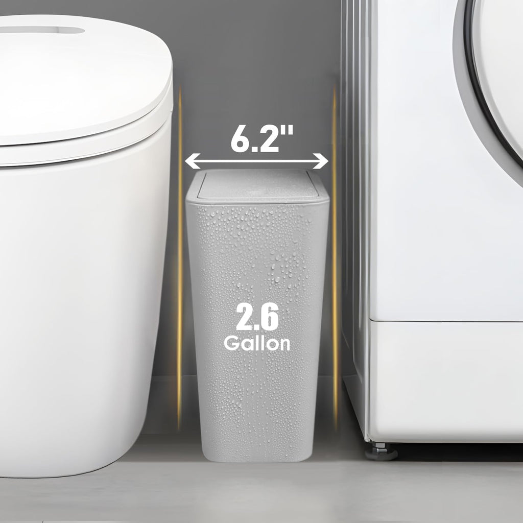 TIPGO Bathroom Trash Can with Lid, 10 Liter/ 2.6 Gallon Slim Garbage Can, Small Trash Bin Waste Basket with Pop-Up Lid for Kitchen, Bedroom, Living Room, Office (2 Pack, Grey)