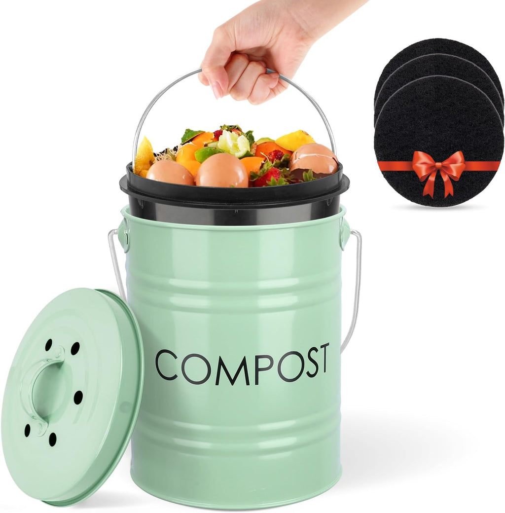 Vipush Kitchen Countertop Compost Bin with lid – Small, Includes Inner Compost Bucket Liner & Charcoal Filter, Green