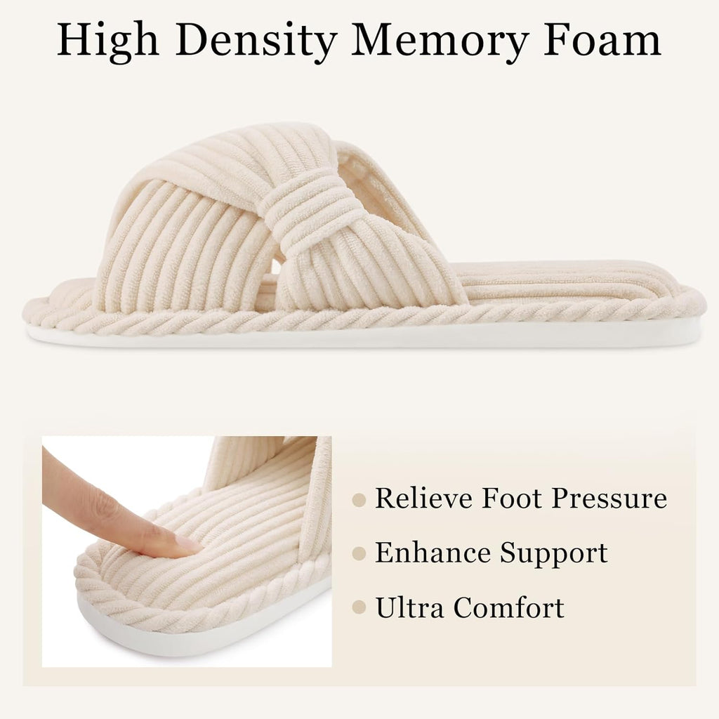 Evshine Summer House Slippers for Women Corduroy Cross Bow Indoor Slippers Open Toe Slip On Bedroom Shoes with Memory Foam
