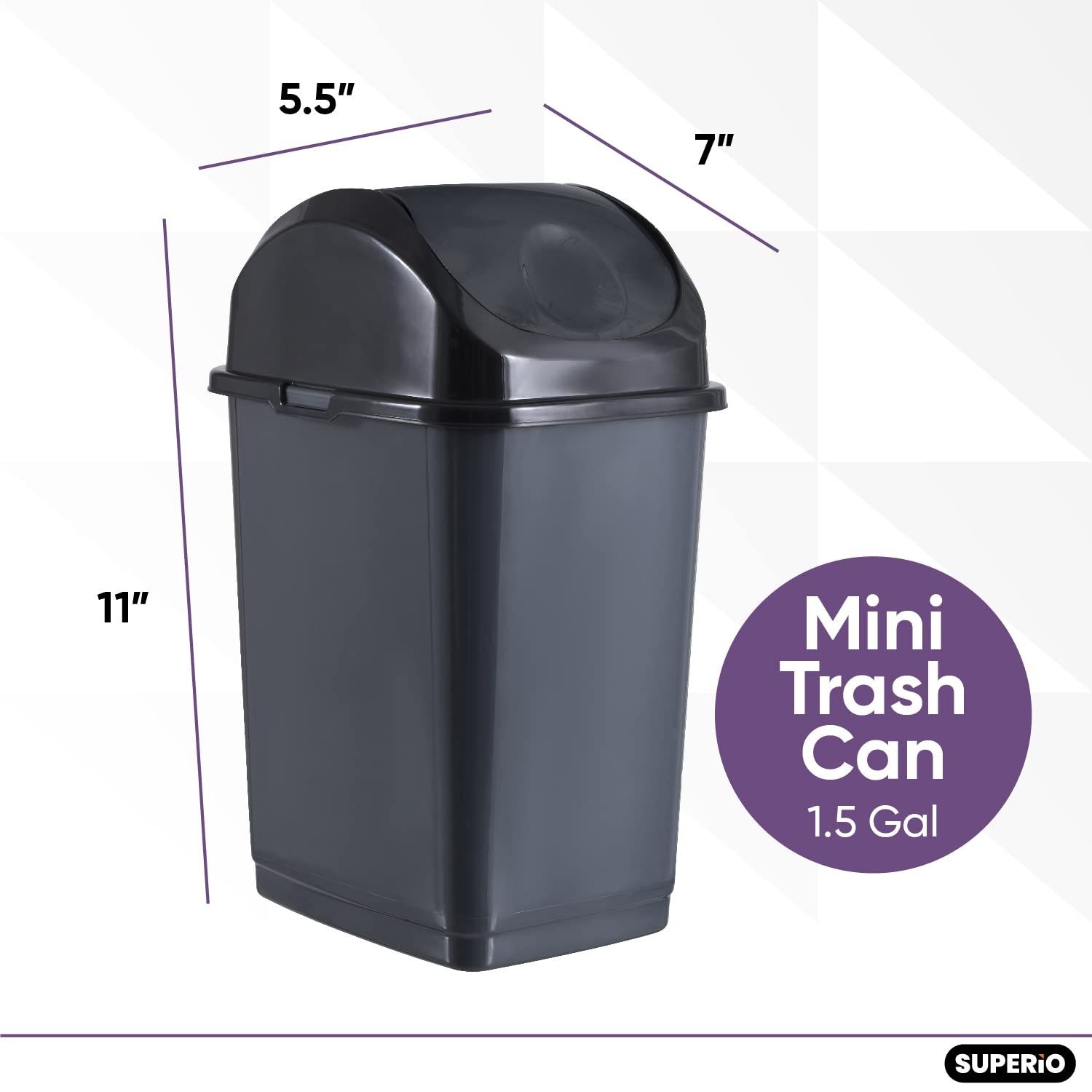 Superio Mini Desktop Trash Can with Swing Top Lid Portable Plastic Garbage Can for Countertop, Desktop, Make up Vanity, Bathroom, Car, Under Sink, Dorm Compact Waste Bin 5 L 1.25 Gal (2, Grey)