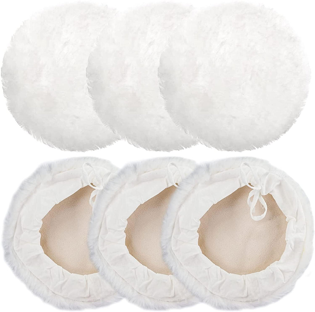Linkstyle 6PCS 7 Inch Wool Buffing Pads Kit, Lambs Wool Polishing Bonnet Pads with Drawstring, Drill Buffer Polisher Attachment for Car Detailing, Furniture, Glass, Metal, DIY Polishing