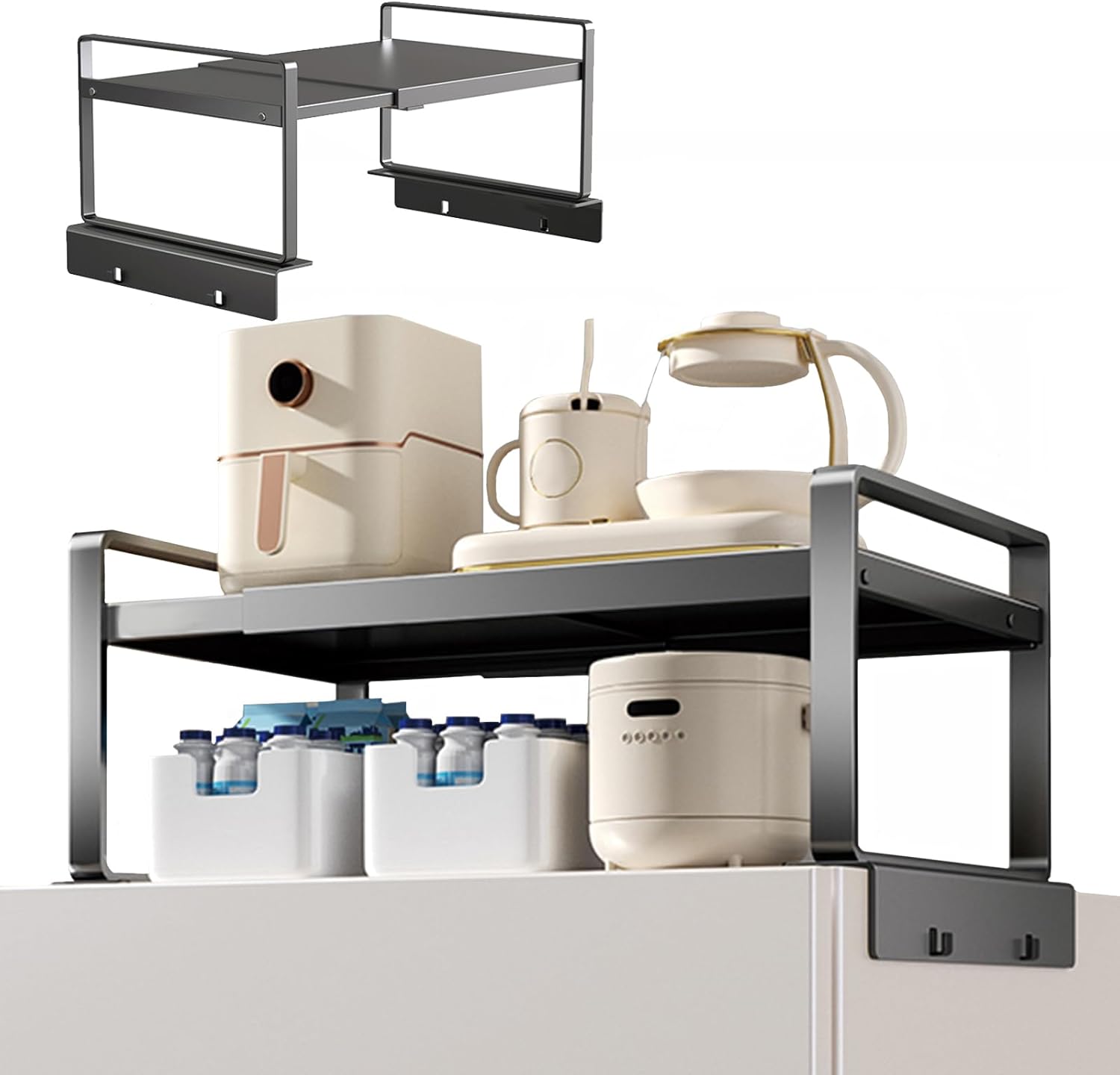 Adjustable Fridge Top Storage Rack,12.4"-23.62" Expandable Organizer Shelf,Refrigerator Storage, Anti-Slip,L-Shaped Design,Space Saver for Kitchen,Laundry,Dorm (Fits Most Appliances)