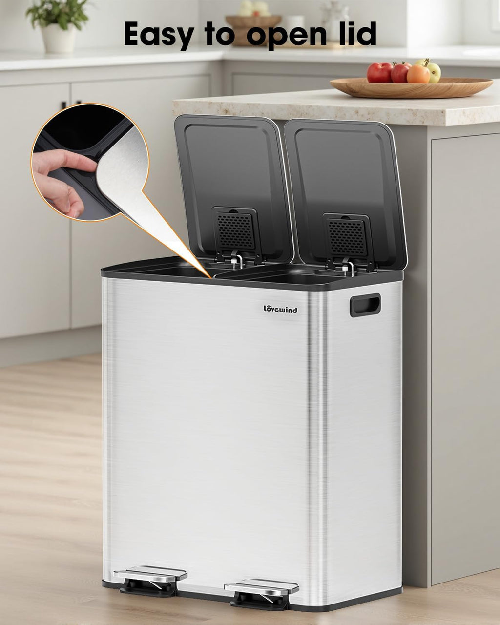 Lovewind Kitchen Trash Can, 2 x 8 Gallon (2 x 30 L) Stainless Steel Trash and Recycle Bin Combo with Soft-Close Lid, Dual Compartment Recycling Kitchen Step Trash Bin, Silver