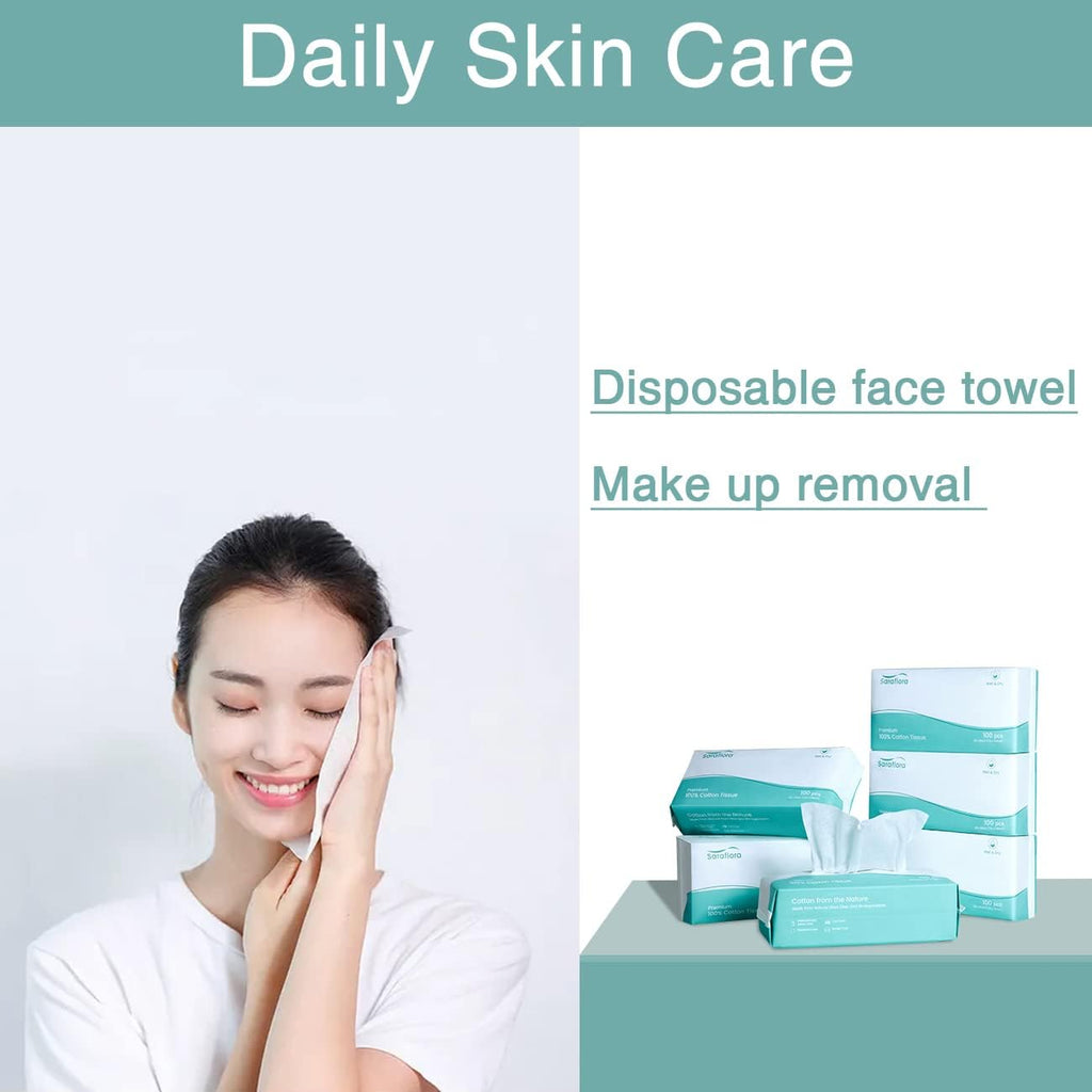 Saraflora 100% Cotton Facial Tissue Soft Dry Wipe 6 Pack, Use for Sensitive Skin Disposable Face Towel Extra Thick Dry and Wet Use Disposable Cotton Tissues for Washing Face Makeup Wipes（600 Count ）