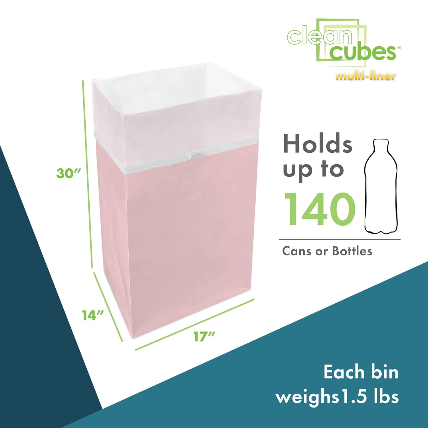 30 Gallon Disposable Pop-Up Trash Cans (3-Pack, Multi-Liner) with Fitted Bags – Foldable Garbage & Recycling Bins for Parties, Events & Kitchen (Pink 30" H x 14" W x 17" D)