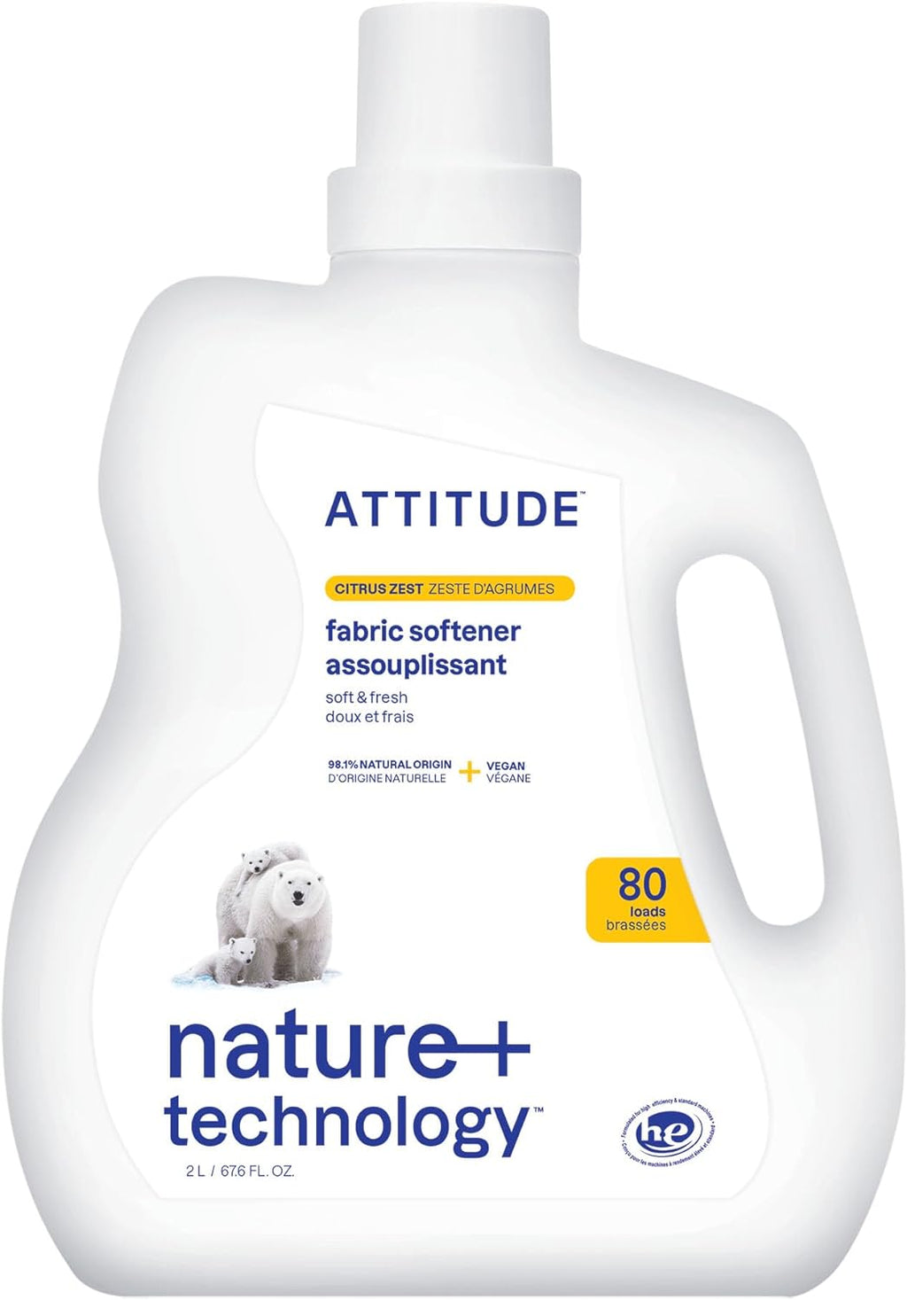 ATTITUDE Liquid Fabric Softener, Plant-Based & Vegan, HE Compatible, Naturally Derived, Citrus Zest Scent, 80 Loads, 67.6 Fl Oz