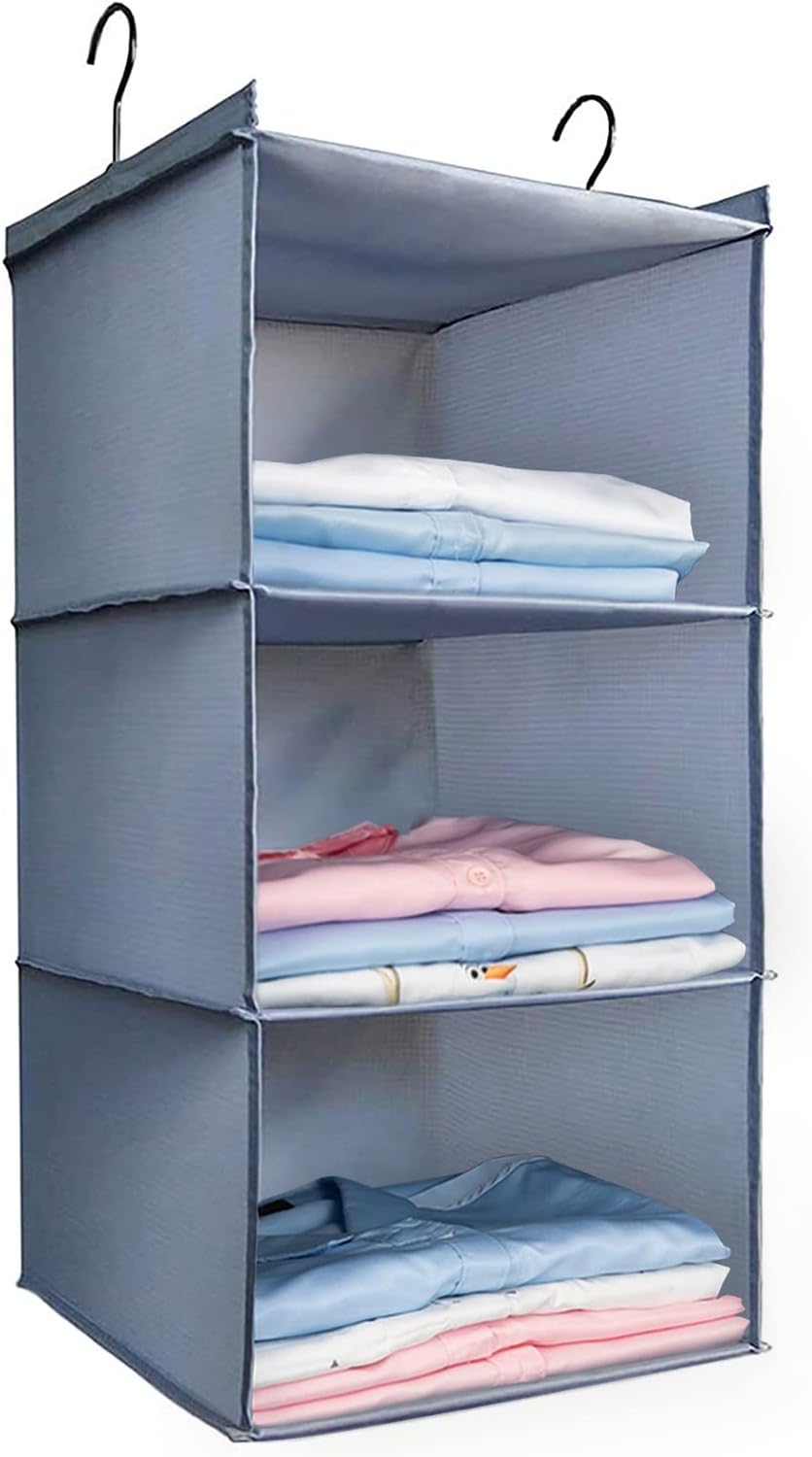 Hanging Closet Organizer and Storage 3-Shelf, Easy Mount Foldable Hanging Closet Wardrobe Storage Shelves, Clothes Handbag Shoes Accessories Storage, Washable Oxford Cloth Fabric, Gray