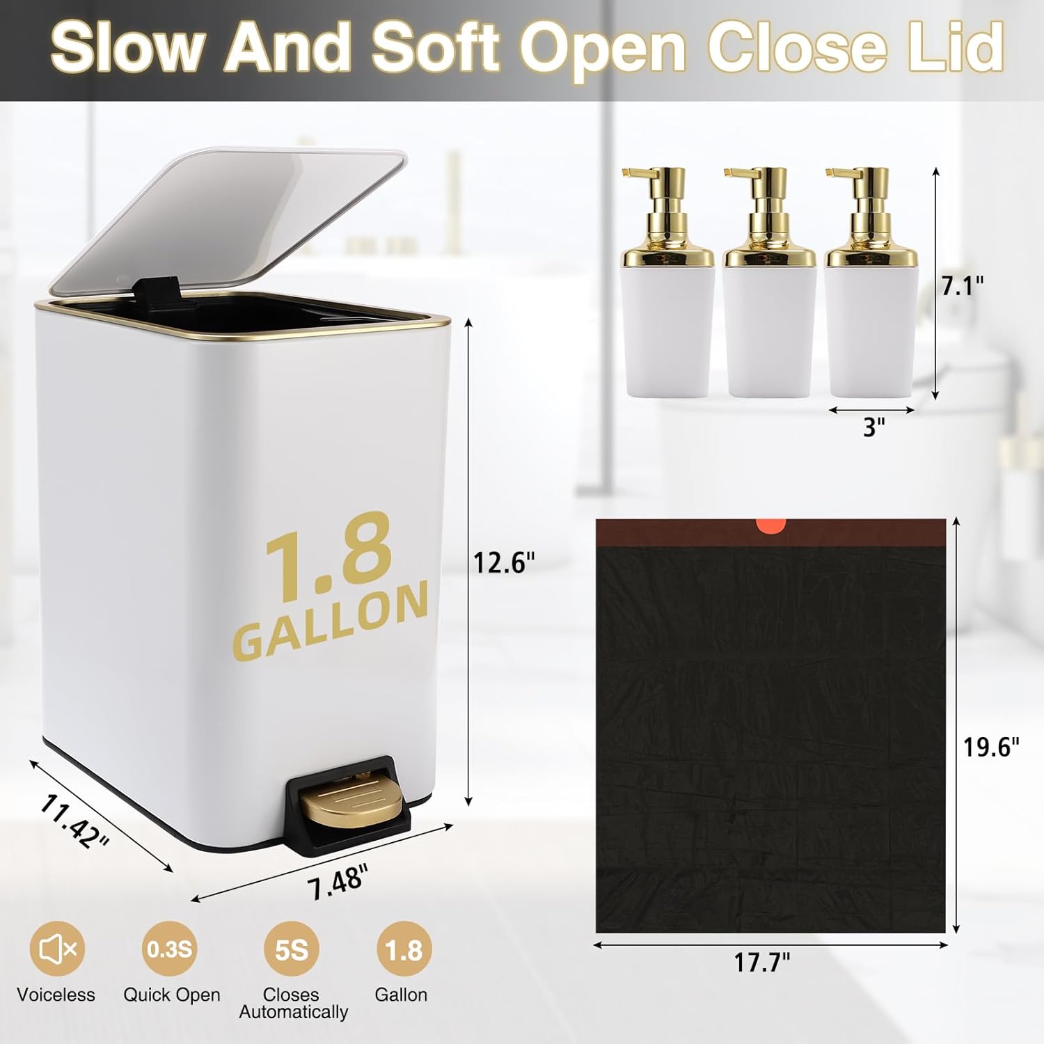 Small Bathroom Trash Can with Lid Soft Close, 1.8 Gallon Stainless Steel Garbage Can with Removable Inner Bucket,3PCS Soap Dispenser,75Count Trash Bag, Slim Step Pedal Trash Bins