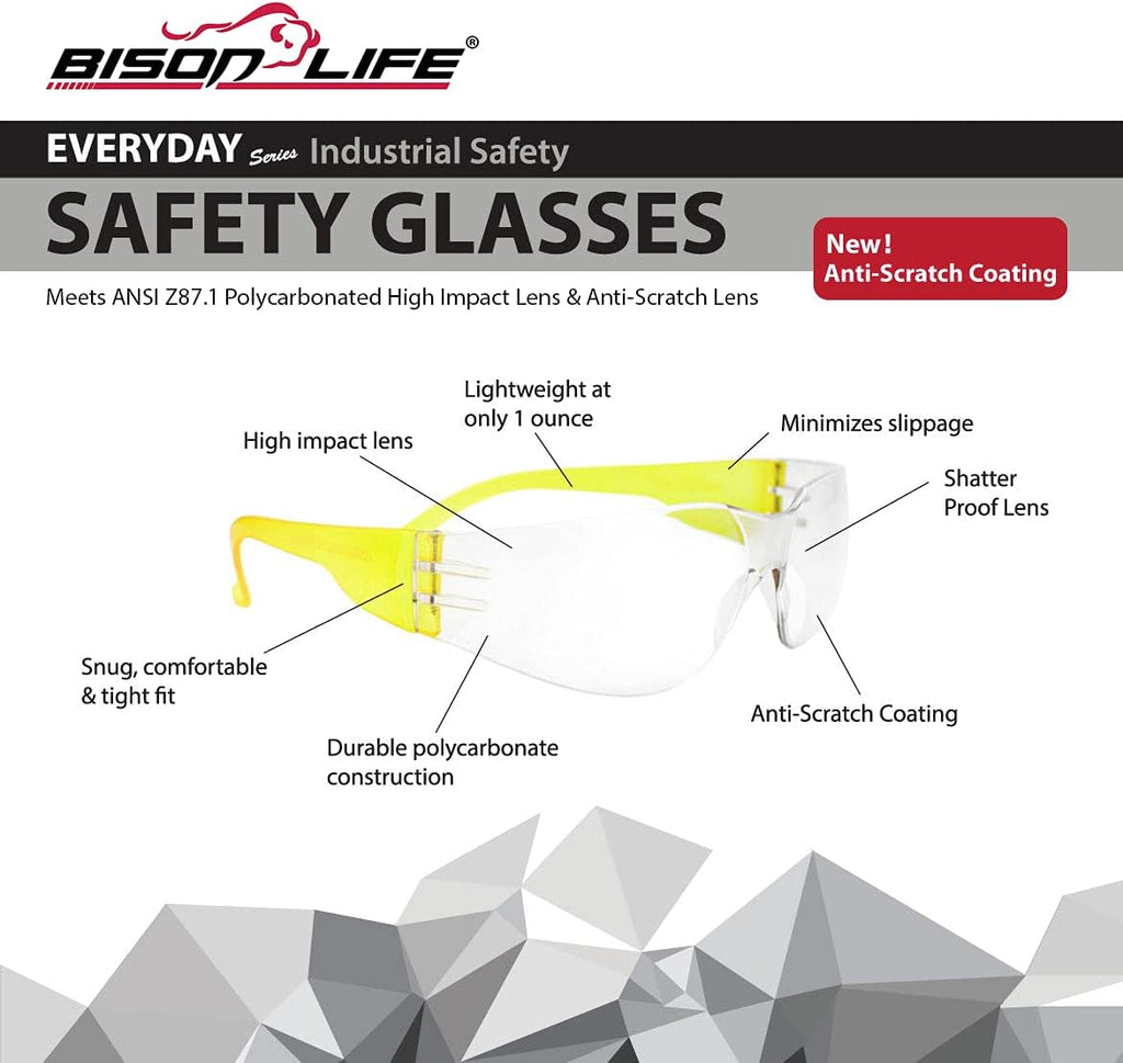 BISON LIFE Safety Glasses - Scratch Resistant Wrap Around Eyewear, Polycarbonate ANSI Z87.1 Impact Resistant Lens
