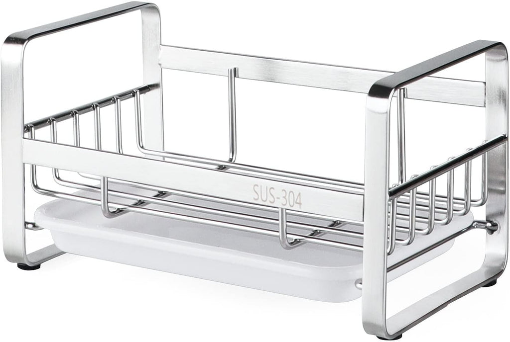 HULISEN Kitchen Sink Sponge Holder, 304 Stainless Steel Kitchen Soap Dispenser Caddy Organizer, Countertop Soap Dish Rack Drainer with Removable Drain Tray, not Including Dispenser and Brush