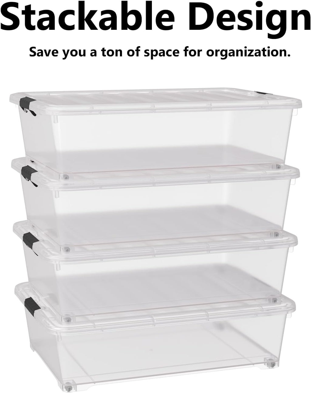 50 Quart Multipurpose Under Bed Storage Container Bins with Secure Latch Lid & Wheels, Underbed Storage Organizer Box, 3-Pack, Clear
