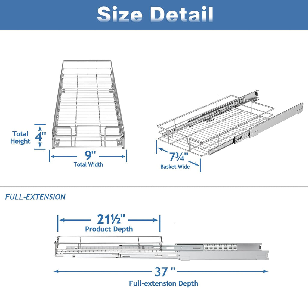 Pull Out Cabinet Organizer 9" W x 21½" D, Heavy Duty Cabinet Pull Out Shelves, Slide Out Drawers Organization for Kitchen Cabinets Bathroom