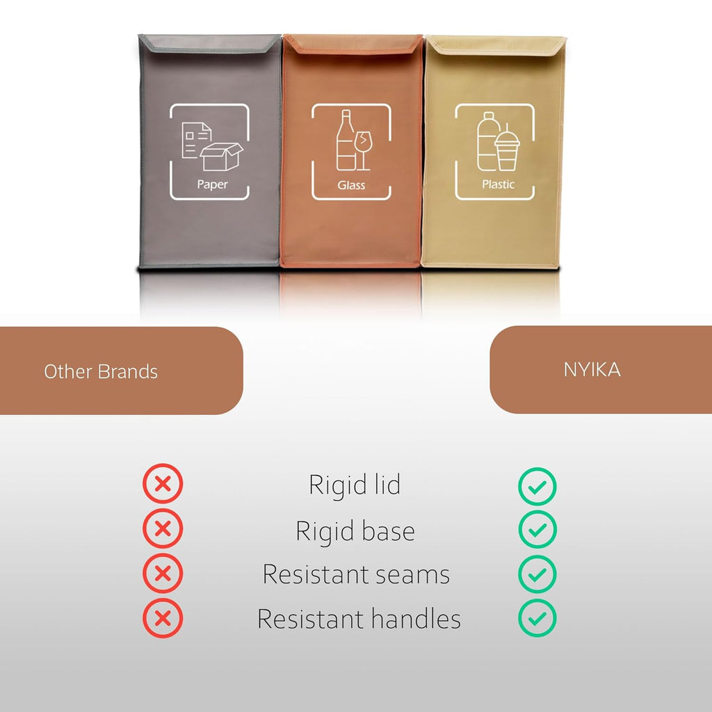 NYIKA - Recycling Organizer - Reusable Recycling Bags - Recycling Sorter - Trash Sorting Bins - 3 Compartment Recycle - Pack of 3 Bags with Lid