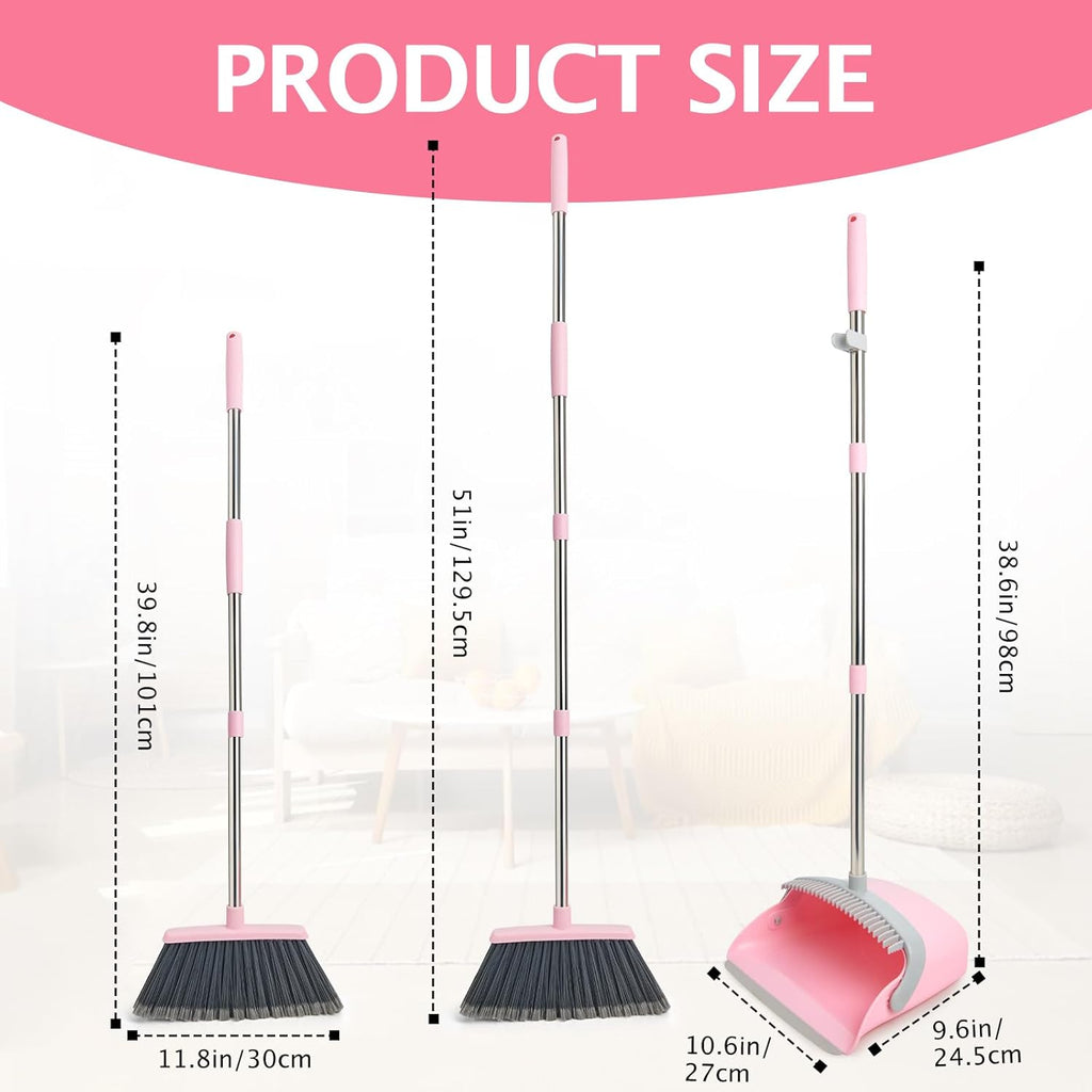 Broom and Dustpan Set, Dustpans with Broom Combo for Home, Heavy Dust Broom and Dustpan Combo, Long Handle Dust Pan and Broom Set for Kitchen, Office, Pet Hair(Gray Pink)
