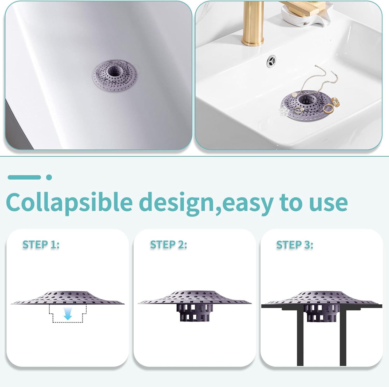 Shower Hair Drain Catcher, Silicone Bathtub Drain Hair Catcher Strainer, All-in-one Tub Hair Catcher Drain Protector for 1.48'' to 1.76'' Regular Drains, 3PCS/Black Aqua Purple