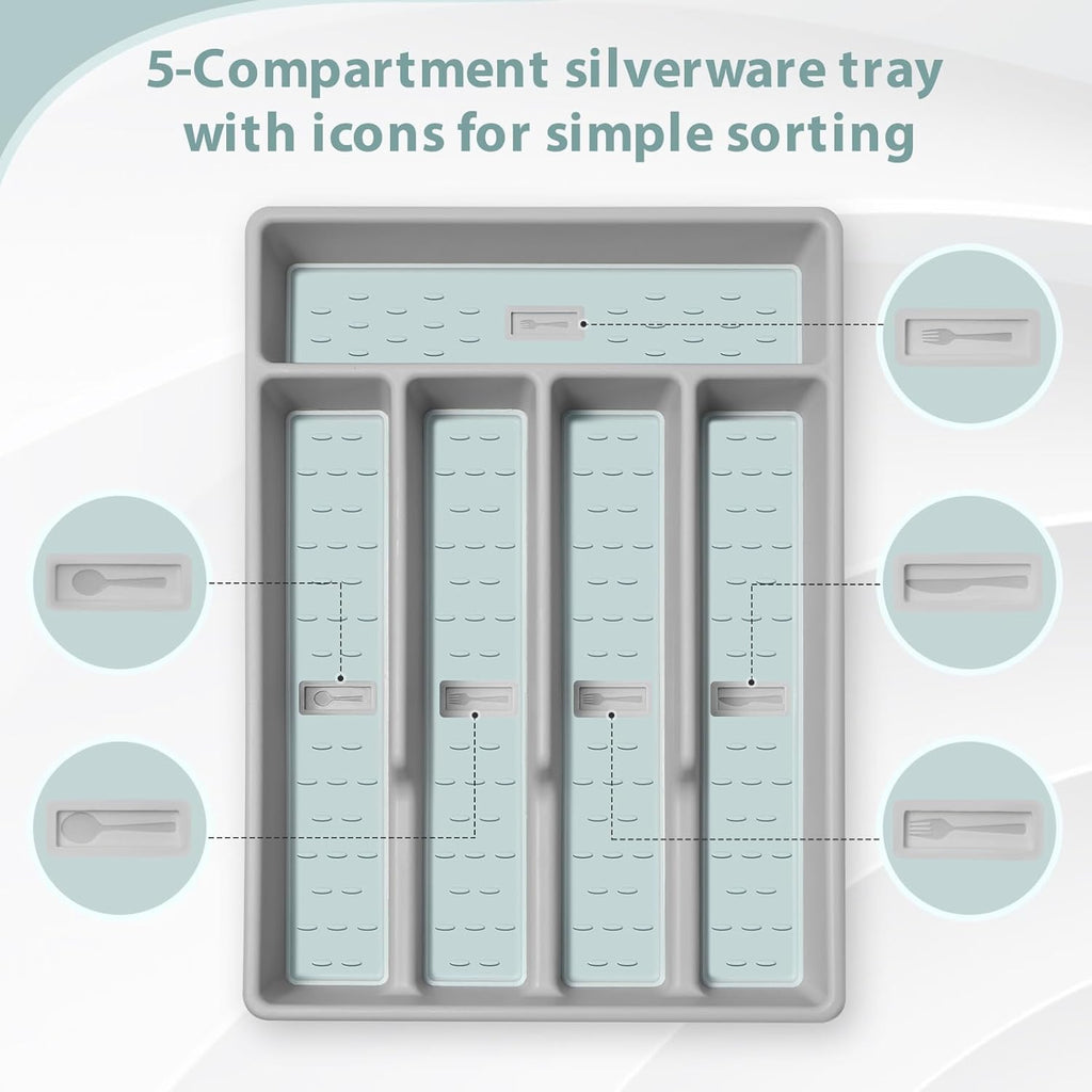 Silverware Organizer with Cutlery Icons，Silverware Tray for Kitchen Drawer，Flatware Tableware Cultery Drawer Organizer Utensil Organizer with Non-slip TPR Linings，Kitchen Organization Essentials